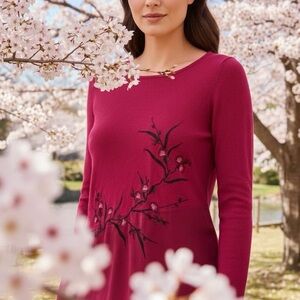 Le Chateau Embroidered Floral Sweater Y2K Knit Chiffon Tunic Asian Oriental